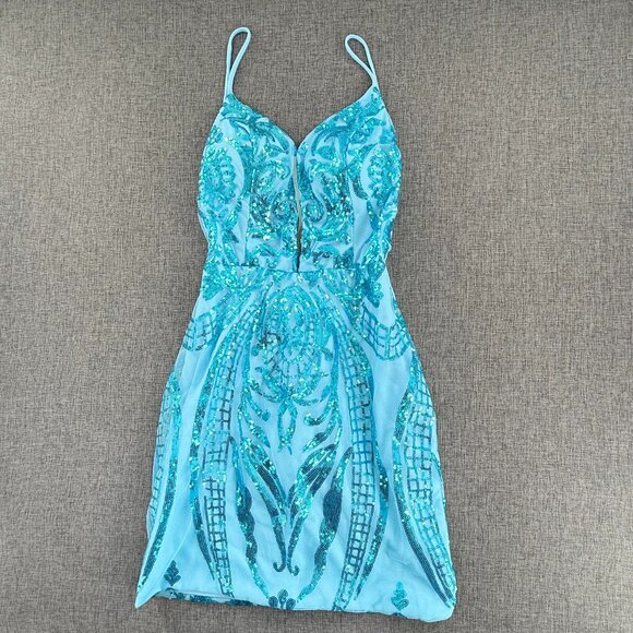 Sequin Mini Dress Lace Up Cocktail/ Party XS Aqua Blue Lined Figure Flattering - Picture 1 of 14